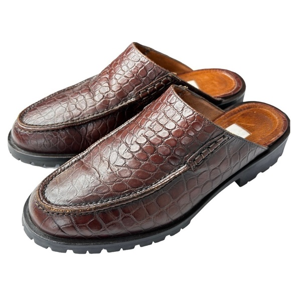 Talbots Slide Mules Sz 6.5 Brown Croc Embossed Leather Clog Chucky Rugged Soles - Picture 1 of 12